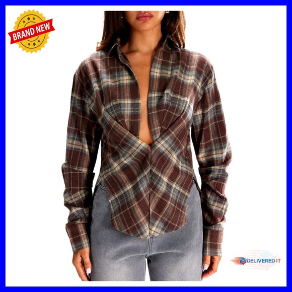 Tops - Long Sleeve Plaid Button Down Blouse, Loose Fit, Casual Top